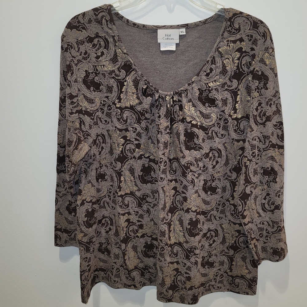 Hot Cotton Women's XL Brown w/Gold Threads Print 3/4 Sleeve Top